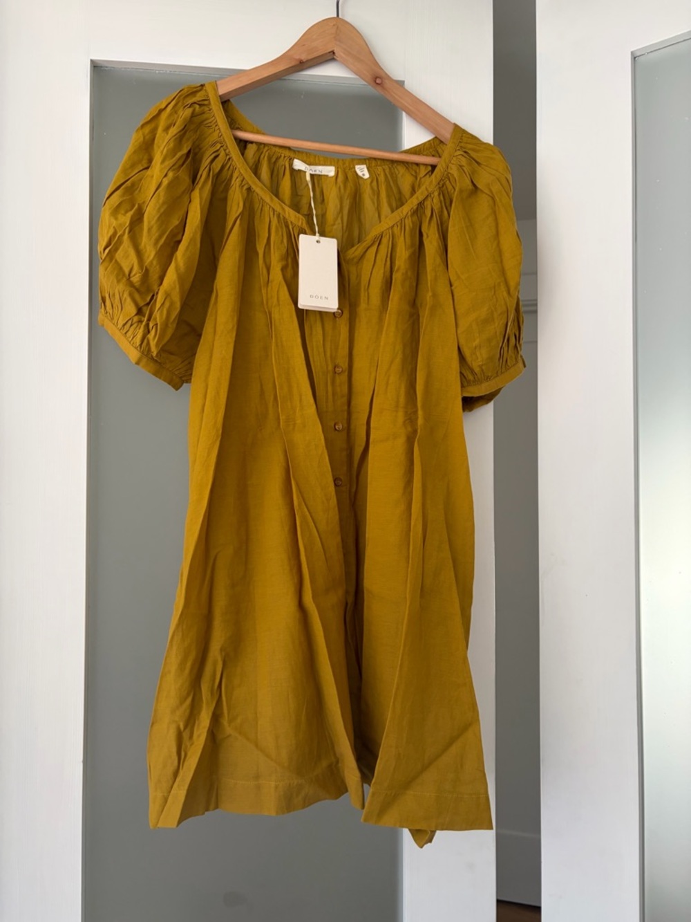Down Josette Dress Mustard Puff-Sleeve Cotton